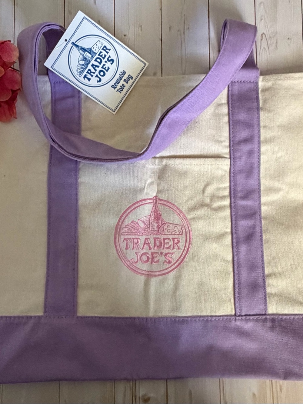 TRADER JOES Lavender Trim Canvas Tote Bag (Large)